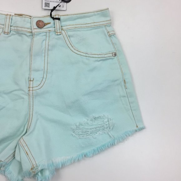 NWT ZARA Mint Green Distressed Raw Edge Hem High Rise Waist Denim Shorts - Picture 6 of 10